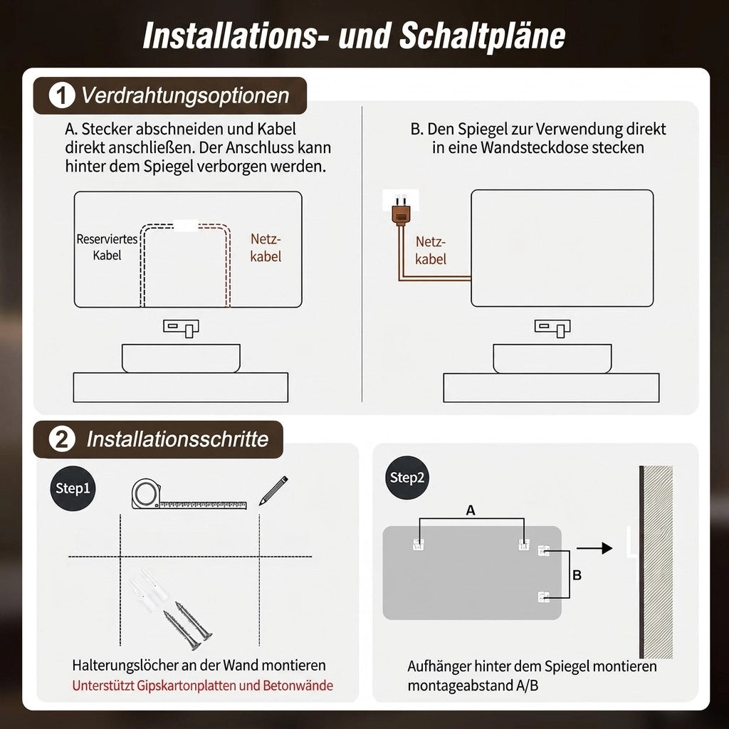 Specchio da bagno LED con cornice nera; luce frontale e posteriore; antiappannamento; dimmerabile; IP44