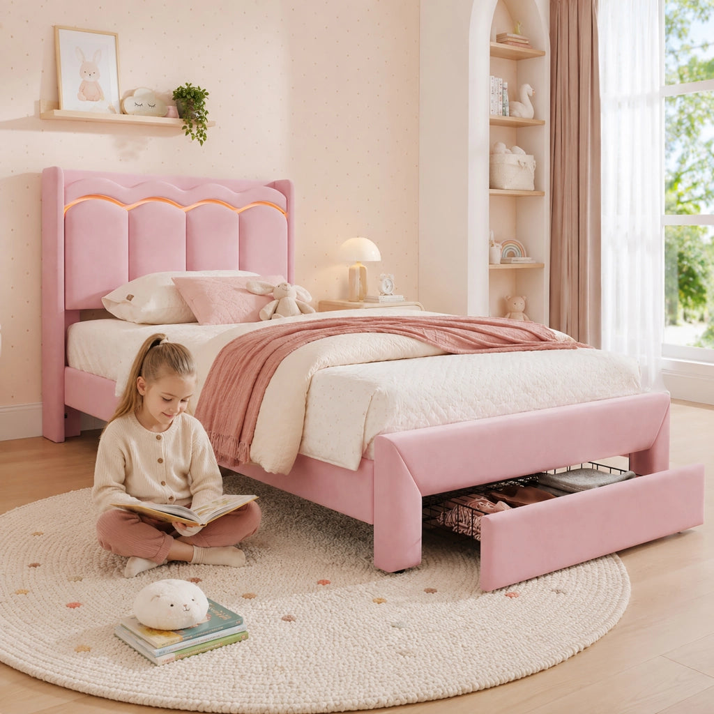 Letto singolo imbottito 90 x 200 cm in velluto rosa con cassetto; LED e testiera a onde