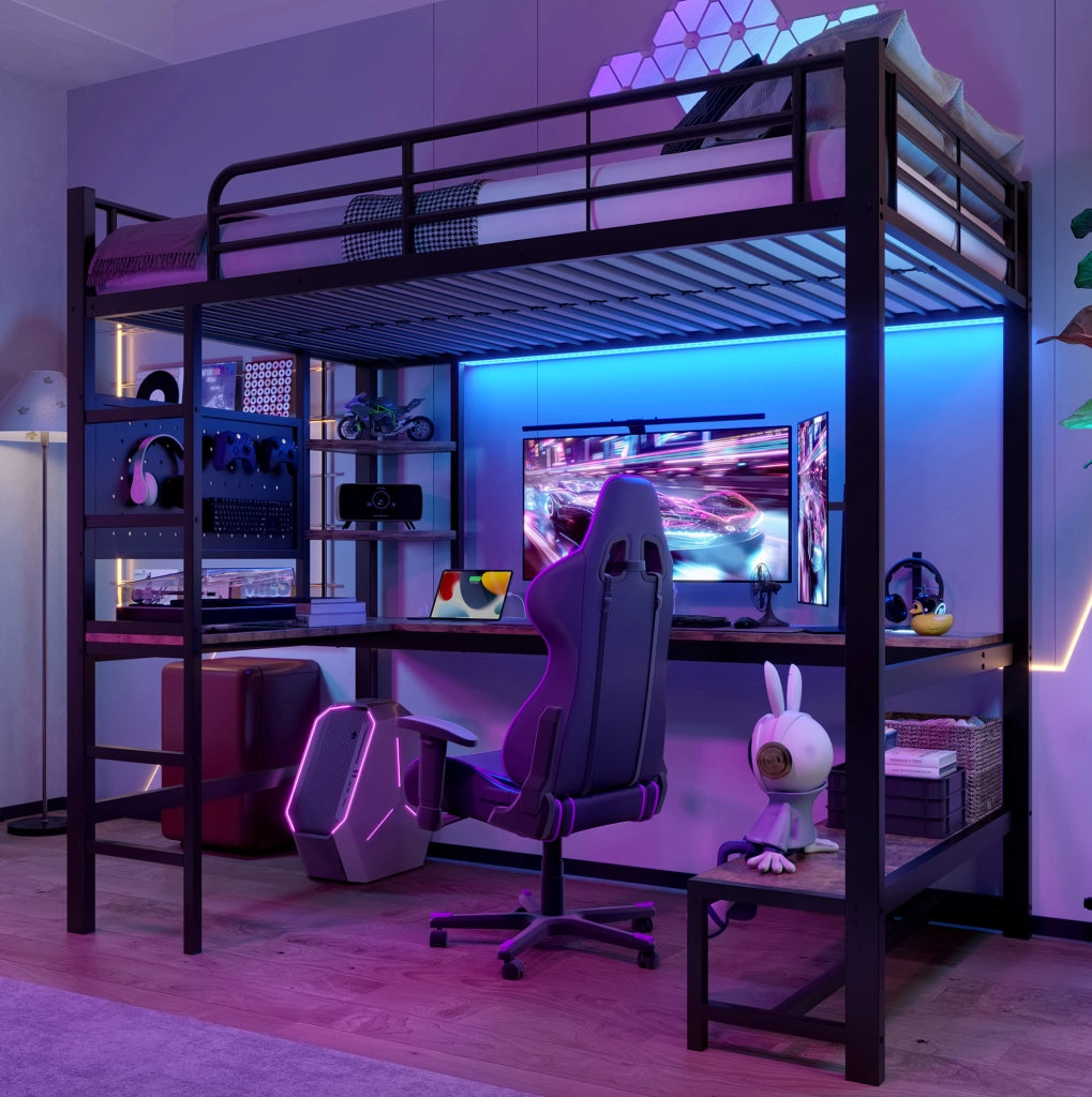 Letto a soppalco 90x200 cm nero con scrivania, LED, USB/Type-C e ripiani