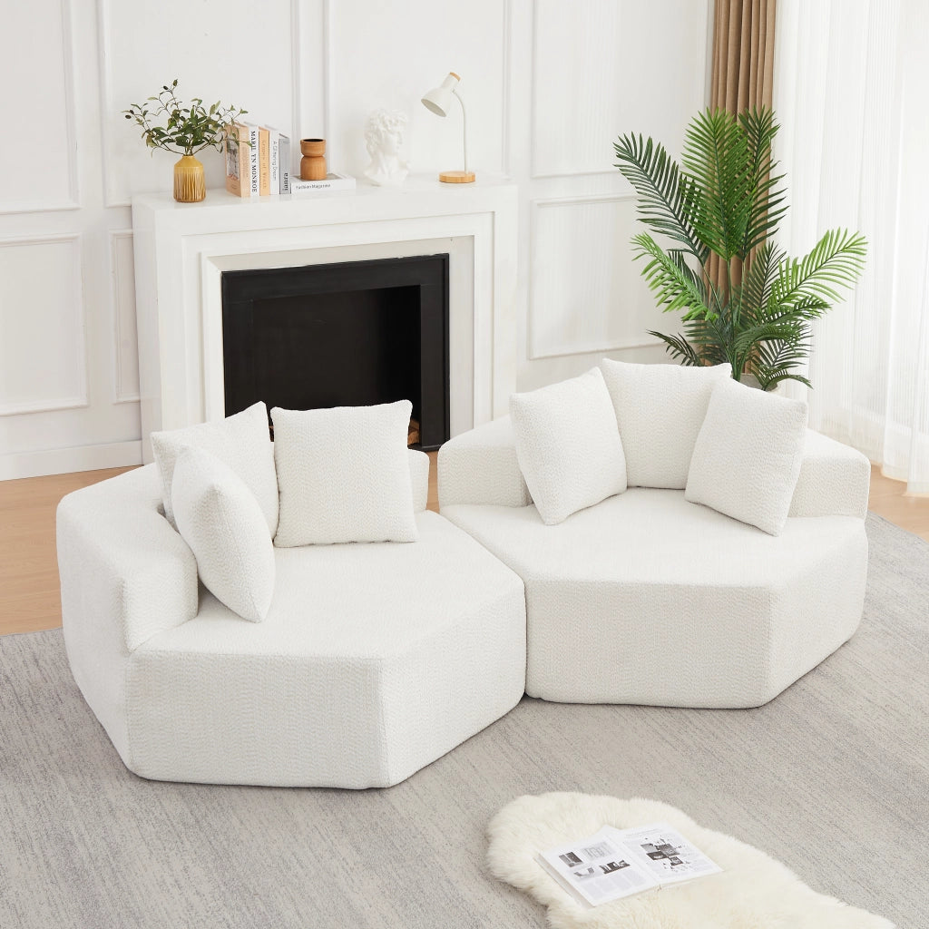 Poltrona lounge singola esagonale modulare in ciniglia a riccioli beige con tre cuscini e molle interne