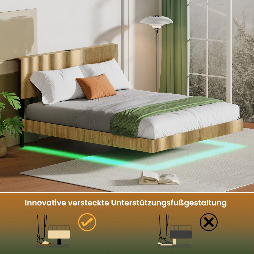 LETTO Fluttuante 210,5x184x99,7 cm Naturale con LED RGB e Presa