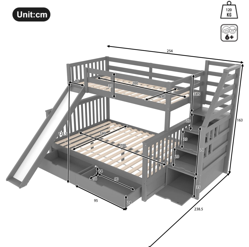 Letto a castello grigio 90 x 200 / 140 x 200 cm in pino con scivolo e cassetti