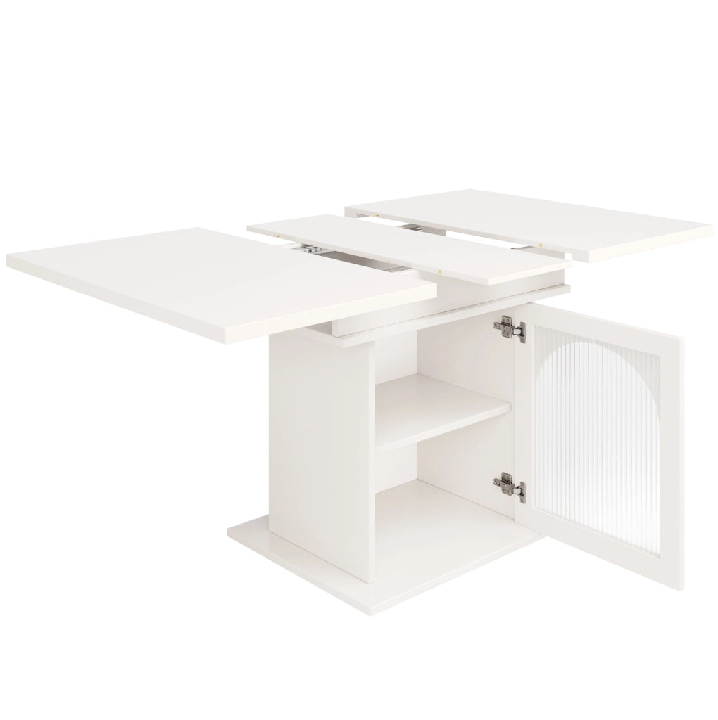 Tavolo da pranzo allungabile 110-140x80 cm con 3 ripiani e ante in vetro; bianco