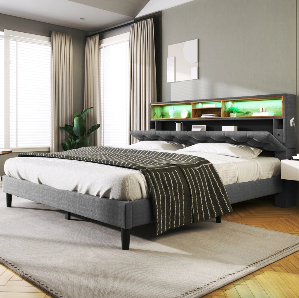 Letto matrimoniale imbottito con testiera contenitore e illuminazione LED, grigio