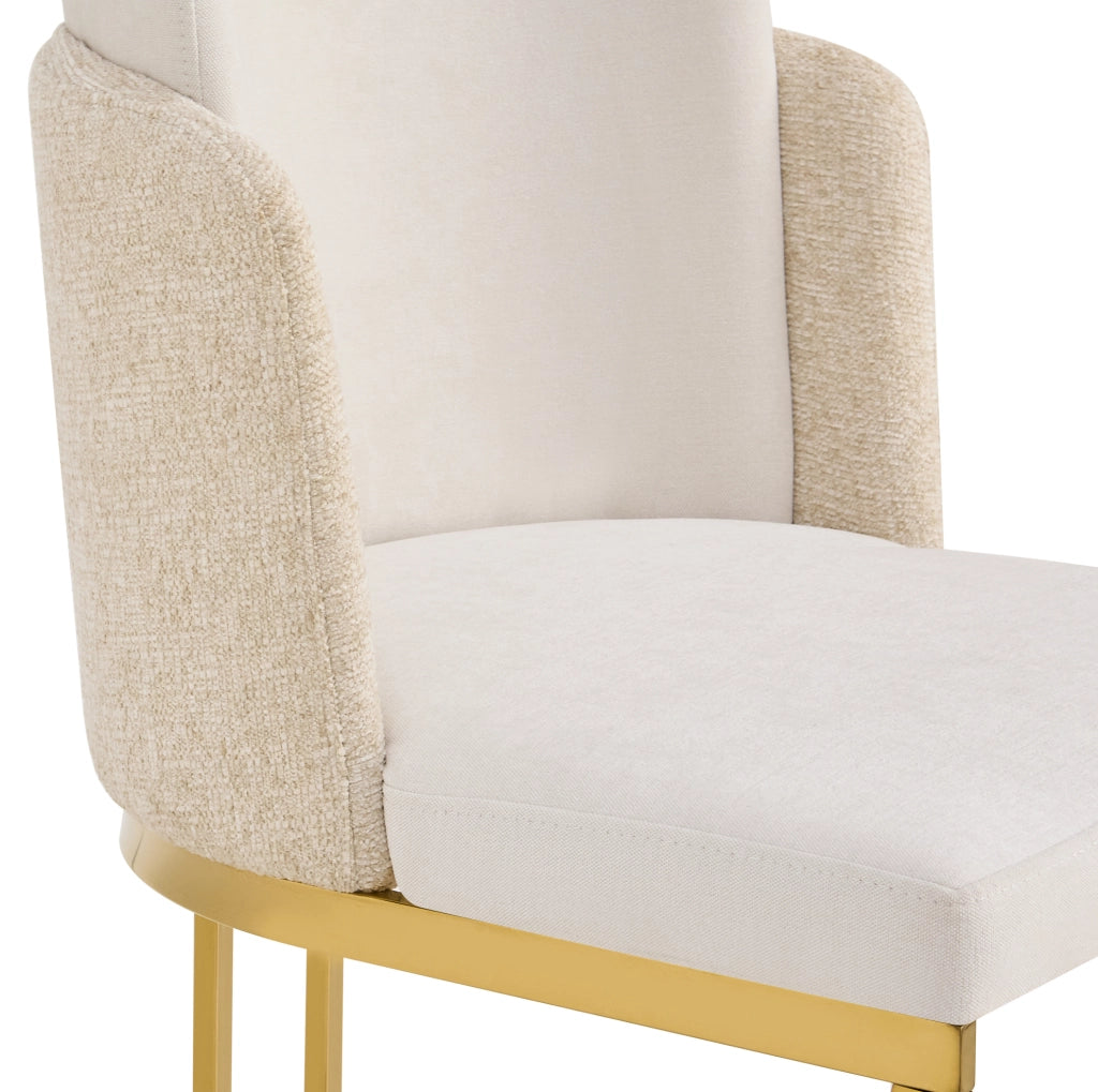 Set di 4 sedie con doppio schienale in ciniglia beige e gambe in metallo oro