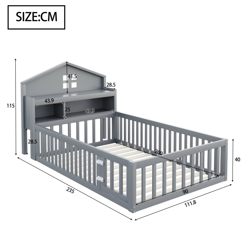 Letto per bambini 90x200 cm a casetta con protezione, ripiani e lavagna grigio