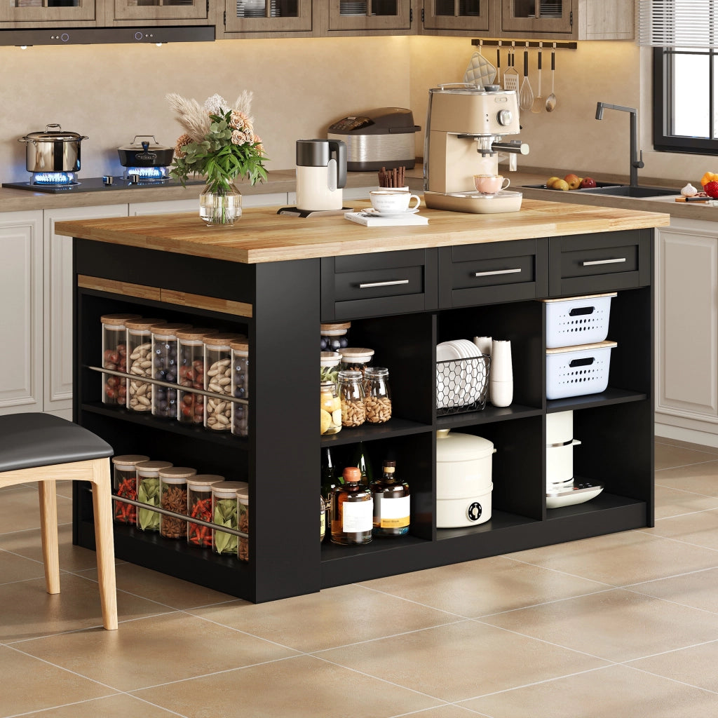 Isola da cucina con tavolo estraibile e contenitori in MDF naturale e nero 150 × 90 × 90 cm