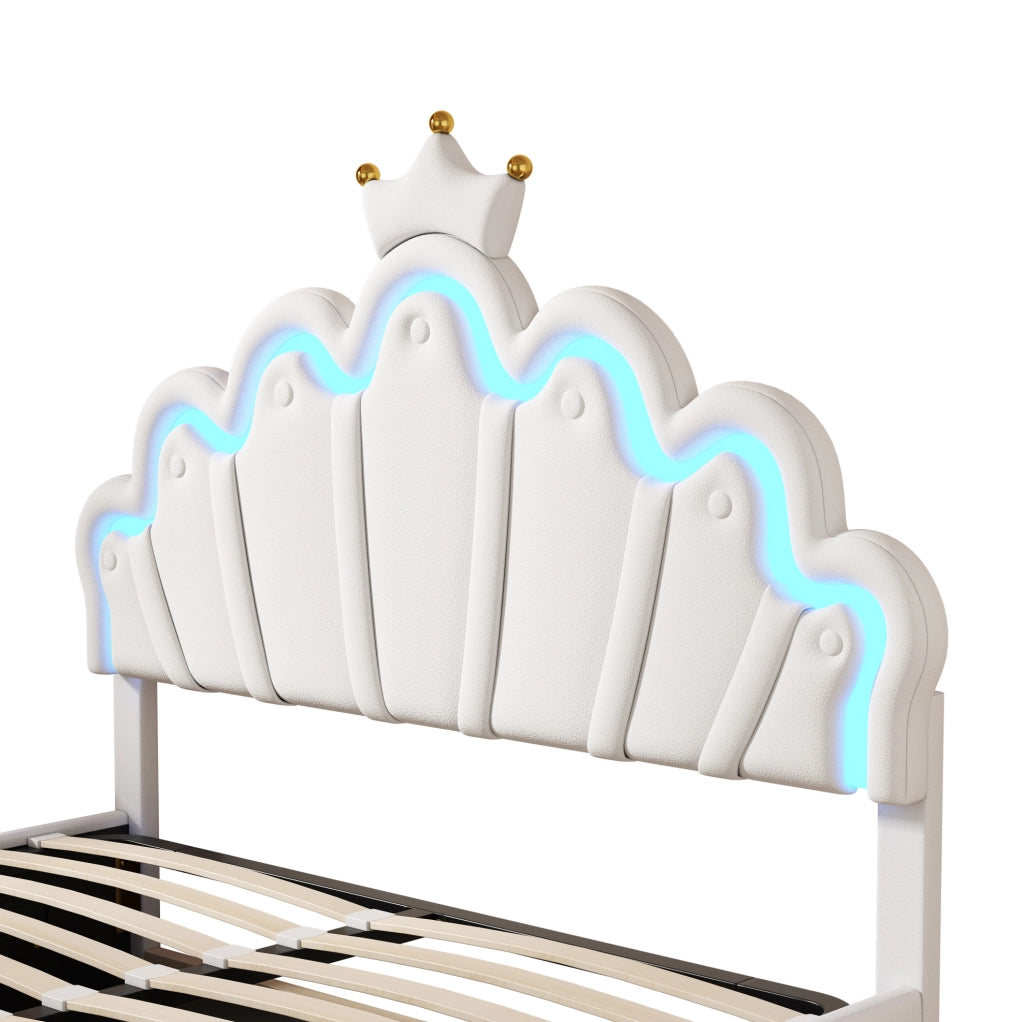 Letto imbottito 140x200 cm con contenitore e LED, testiera a nuvola con corona, PU bianco