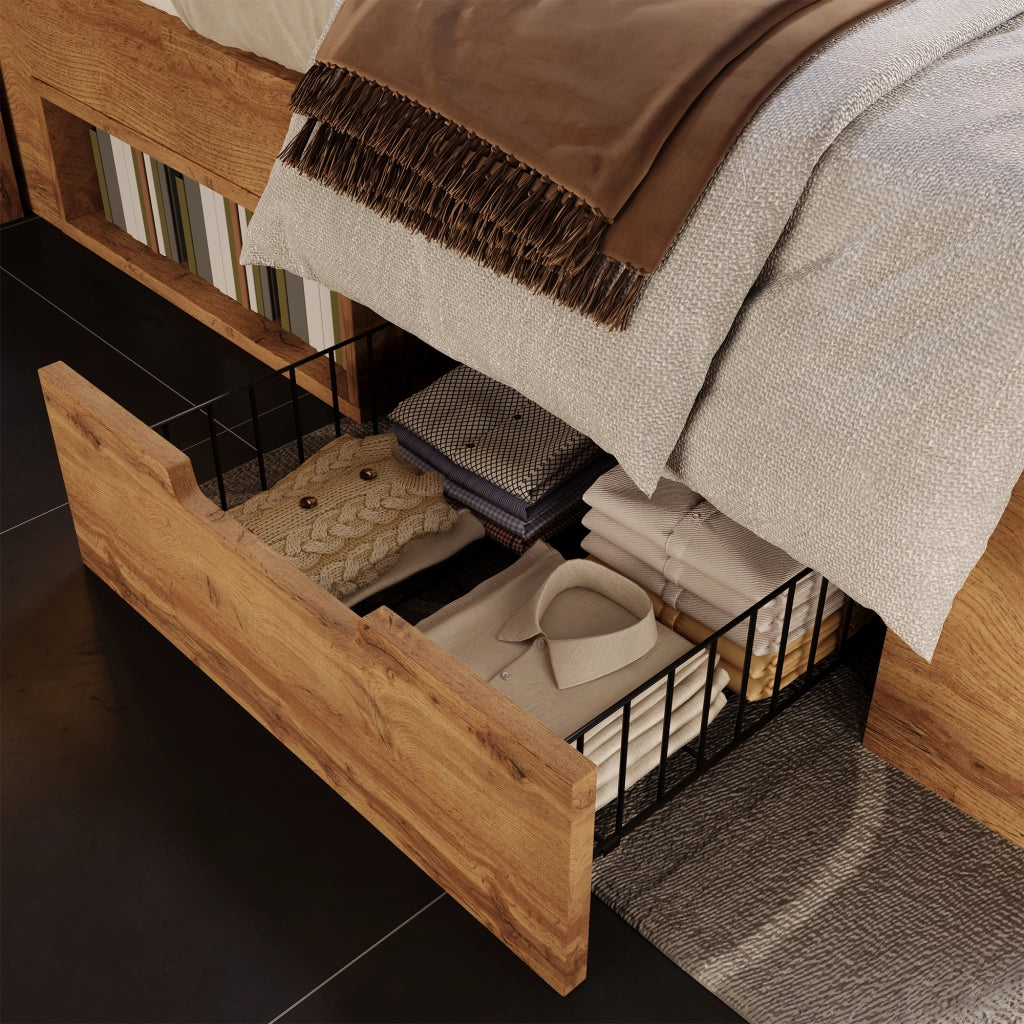 Letto contenitore matrimoniale 160 × 200 cm con LED, USB e Type-C, cassetti, senza materasso, rovere