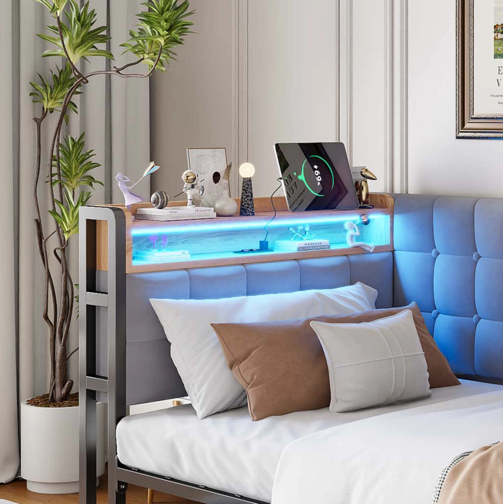 Divano letto imbottito 90x200 cm grigio con LED, USB-C e 2 cassetti