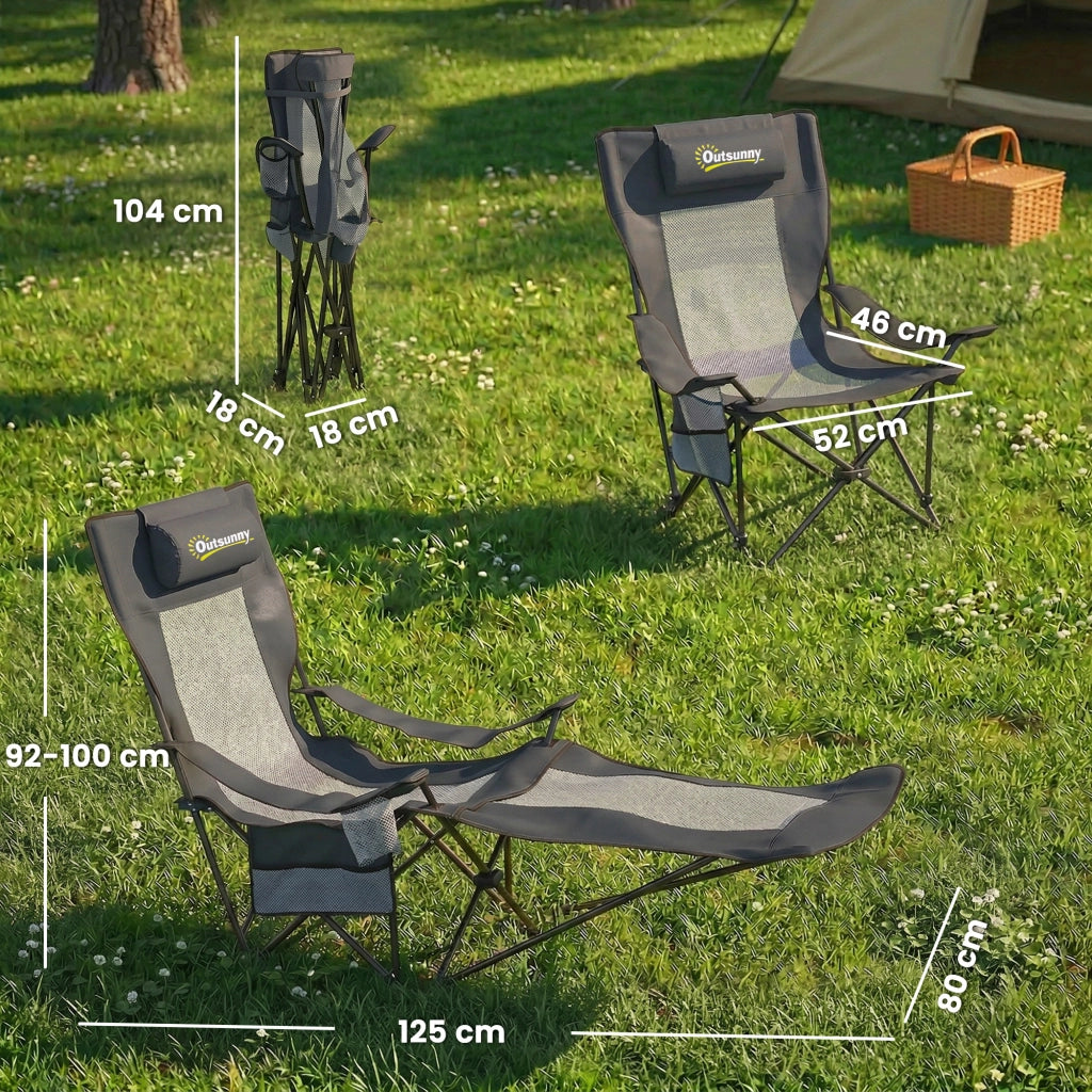 Set 2 Sedie da Campeggio Pieghevoli Grigio Scuro con Schienale Regolabile Poggiapiedi Portabicchieri e Poggiatesta per Giardino Pesca