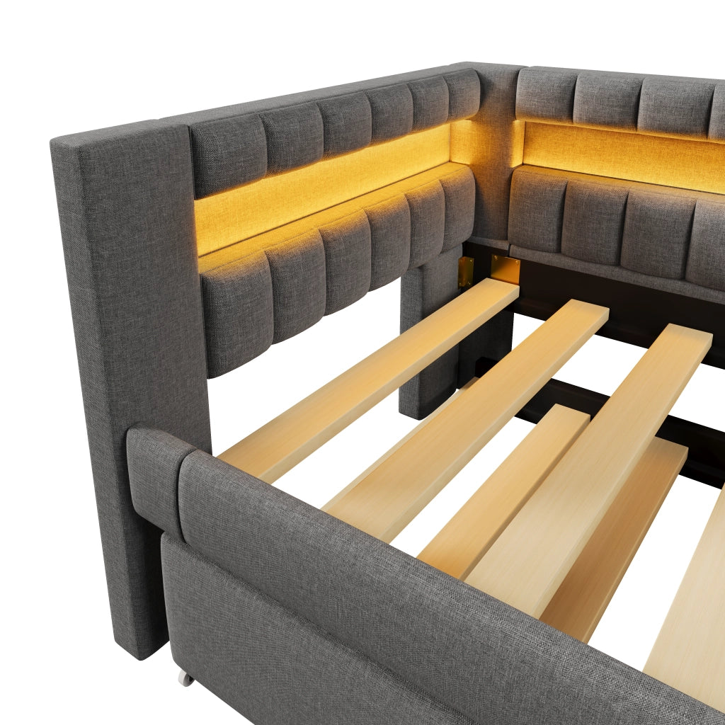 Letto con letto estraibile 90 × 200 cm con LED USB e rivestimento in lino grigio