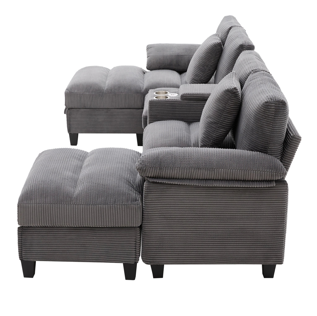 Divano a U 293x142x93 cm in velluto a coste grigio con contenitore e USB