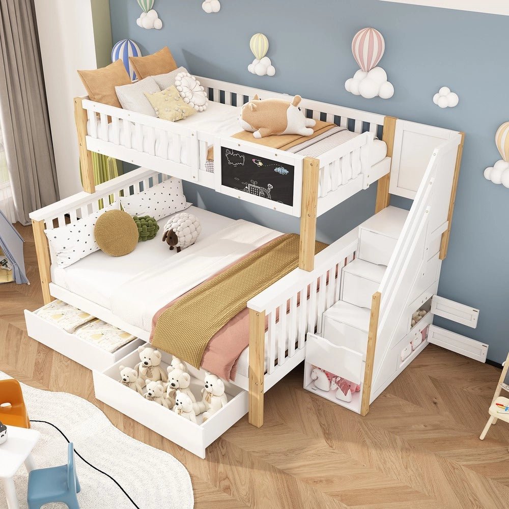 Letto a Castello Bambini con Cassetti e Lavagna ¨C Xylo ¨C Bianco/Rovere, 90x200+140x200