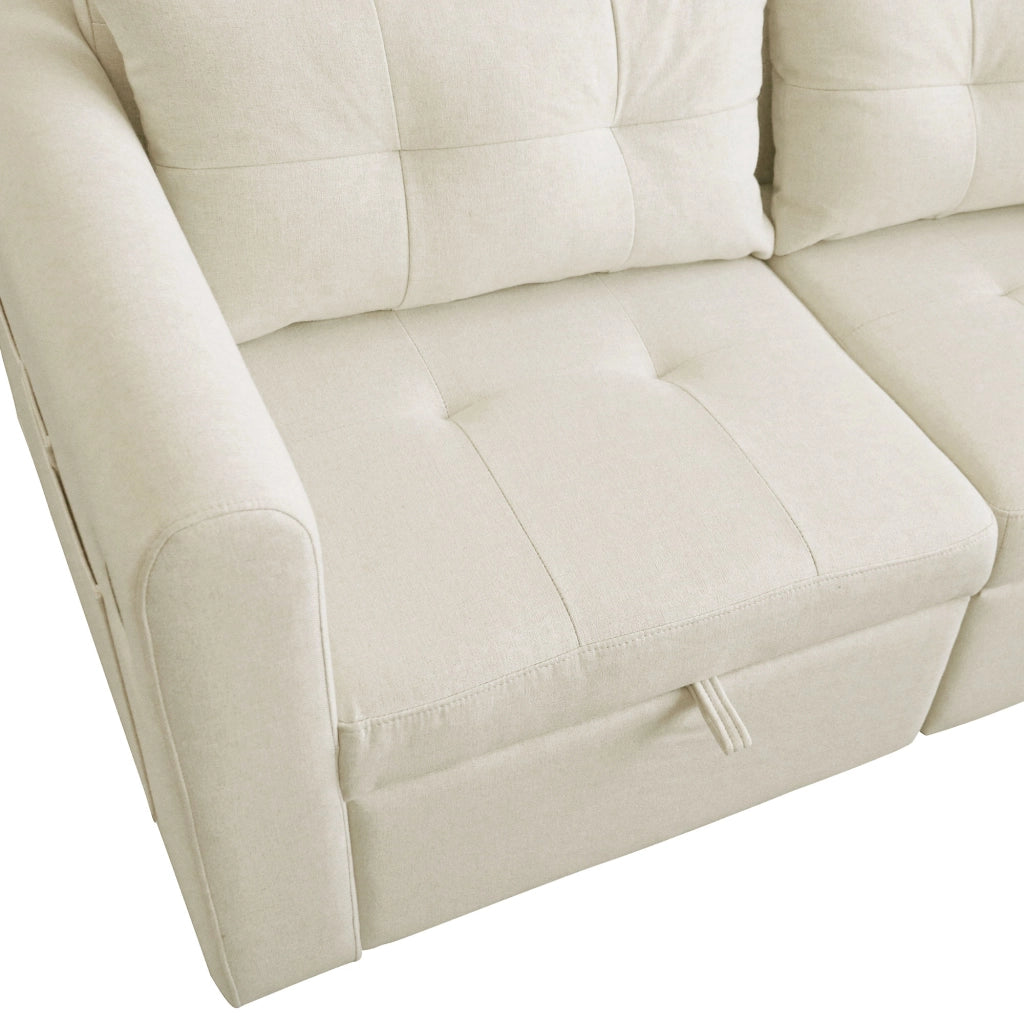 Divano letto 2 posti 3 in 1 beige in tessuto effetto lino con schienale regolabile; USB e tasche