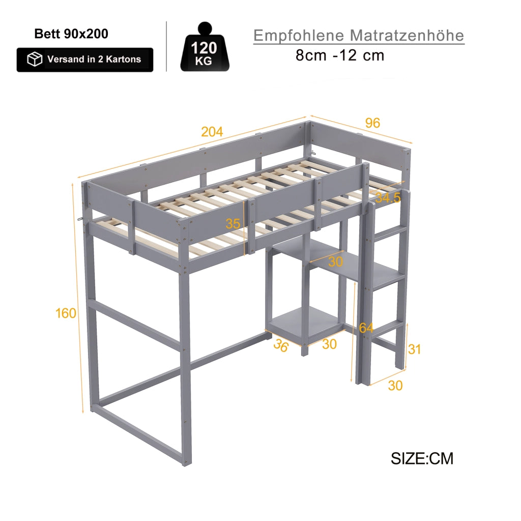 Letto a soppalco 90 × 200 cm con ripiano integrato rete a doghe in legno grigio con protezioni laterali