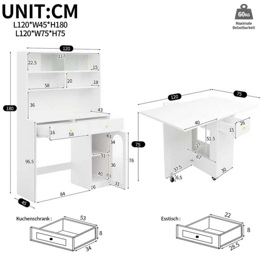 Set mobile cucina con tavolo da pranzo pieghevole 120x75 cm bianco HAVRYA