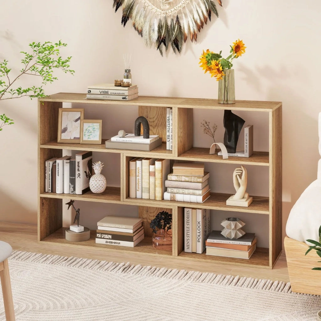 Libreria Moderna a 3 Ripiani in Legno Naturale Scaffale Geometrico da Pavimento con Dispositivo Antiribaltamento per Salotto e Studio