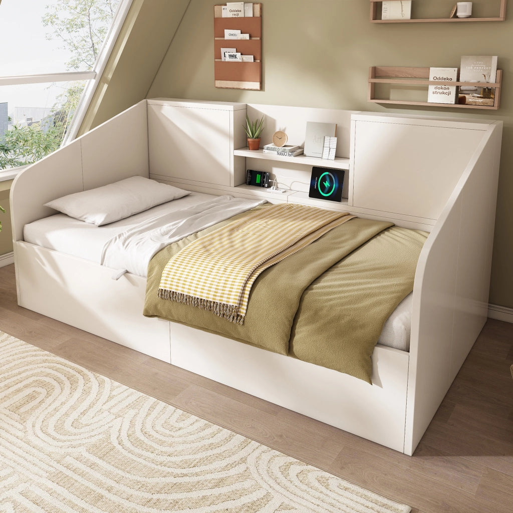 Letto divano singolo 90 × 200 cm con contenitore idraulico; 2 mensole; 3 USB e Type-C; senza materasso; bianco