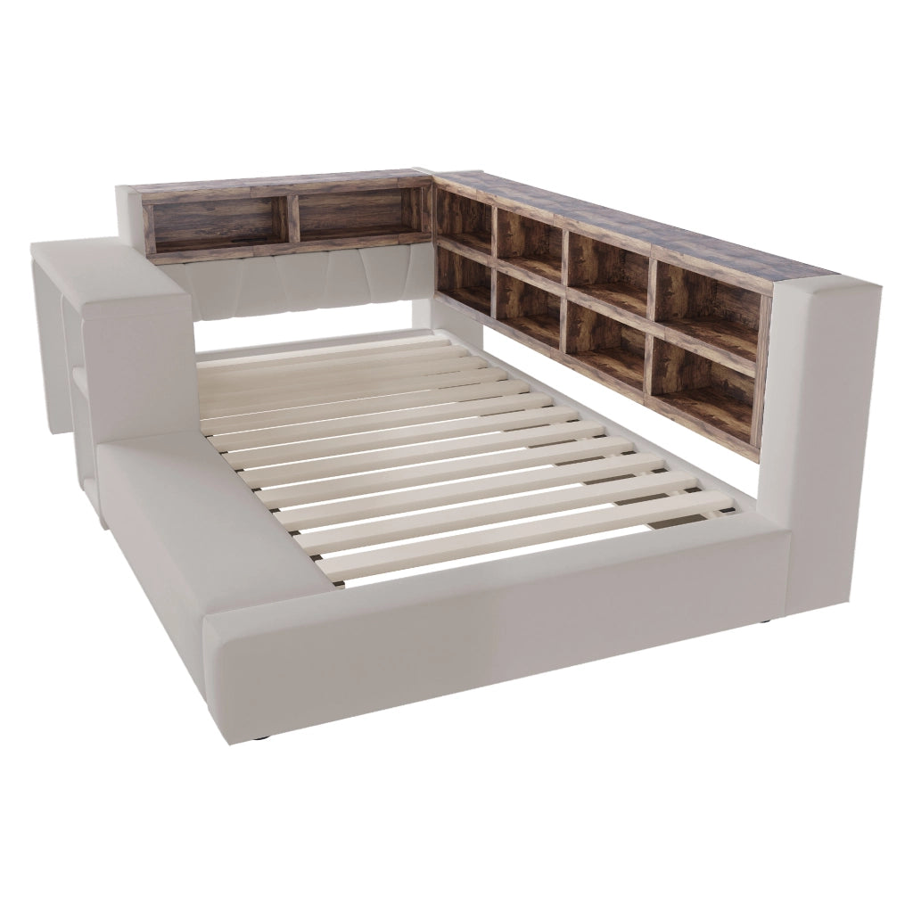 Letto imbottito 90 × 200 cm con testiera a ripiani; LED regolabile; prese europee e tavolino laterale grigio chiaro