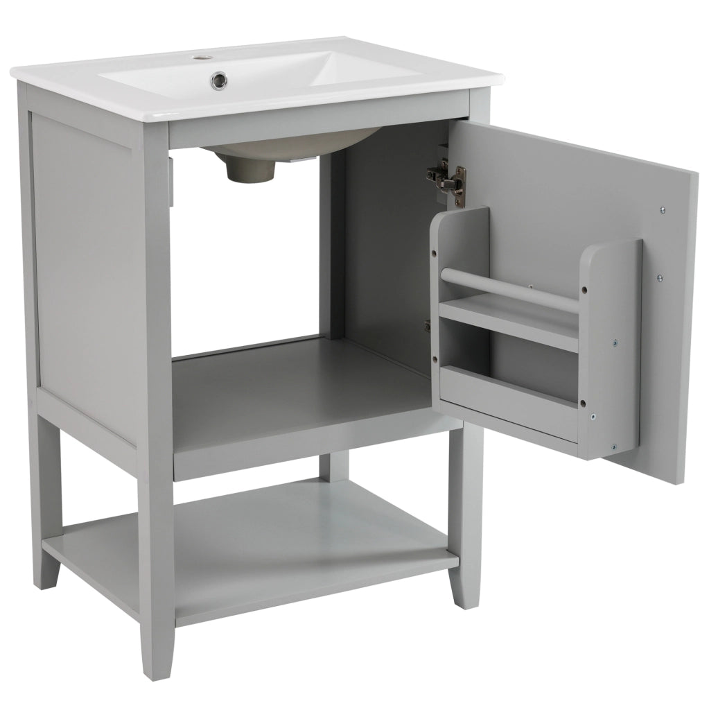 Mobile lavabo singolo 60 cm con lavabo in ceramica e ripiano, colore grigio chiaro