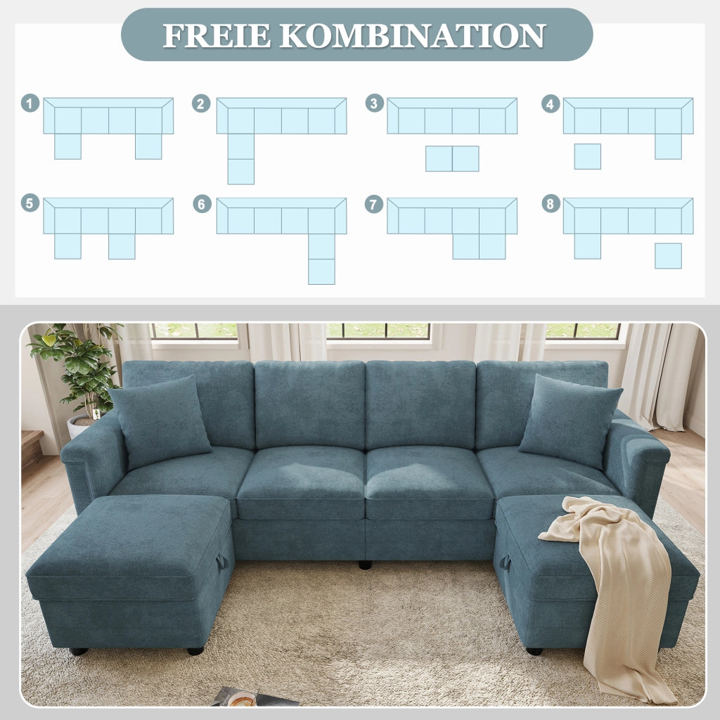Divano modulare a 6 posti in ciniglia blu con 2 pouf contenitore e ricarica USB Type-C 82 × 261 × 134 cm
