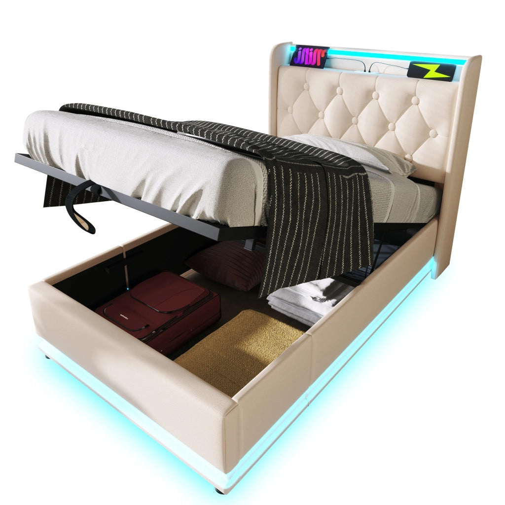Letto singolo contenitore 90 × 200 cm con materasso LED a 360 gradi PU bianco USB e Type C