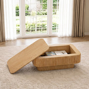 Tavolino basso fisso con vano contenitore nascosto e piano rimovibile in MDF effetto legno naturale