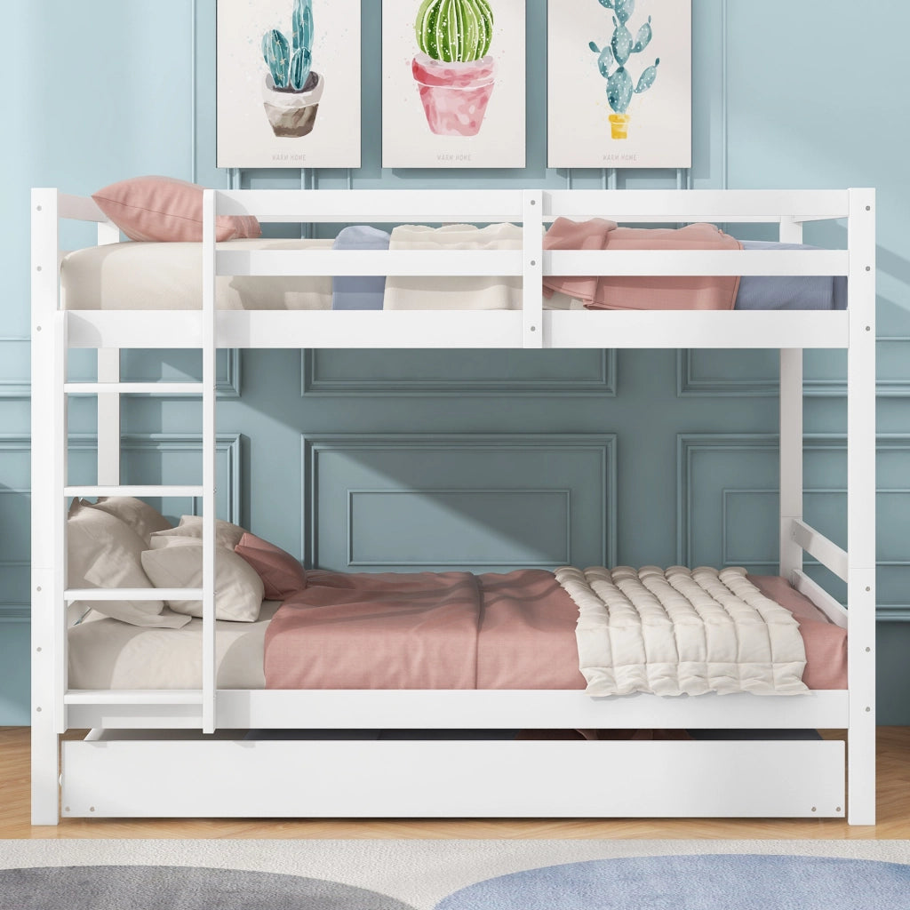 Letto a castello 140×200 cm 3 posti con letto estraibile e scala; senza materasso; in pino; bianco