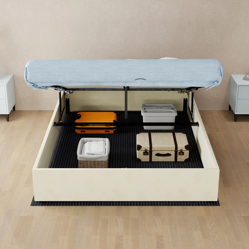 Letto contenitore 140x200 cm in tessuto e metallo beige con materasso
