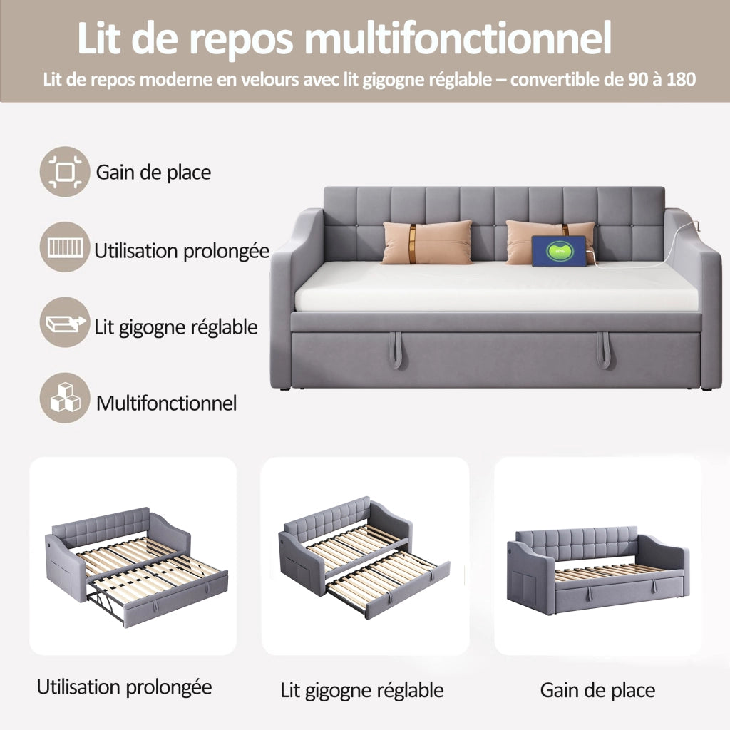 Letto divano estraibile 90×190 e 180×190 cm; 2 posti con porte USB sui braccioli; senza materasso; velluto grigio