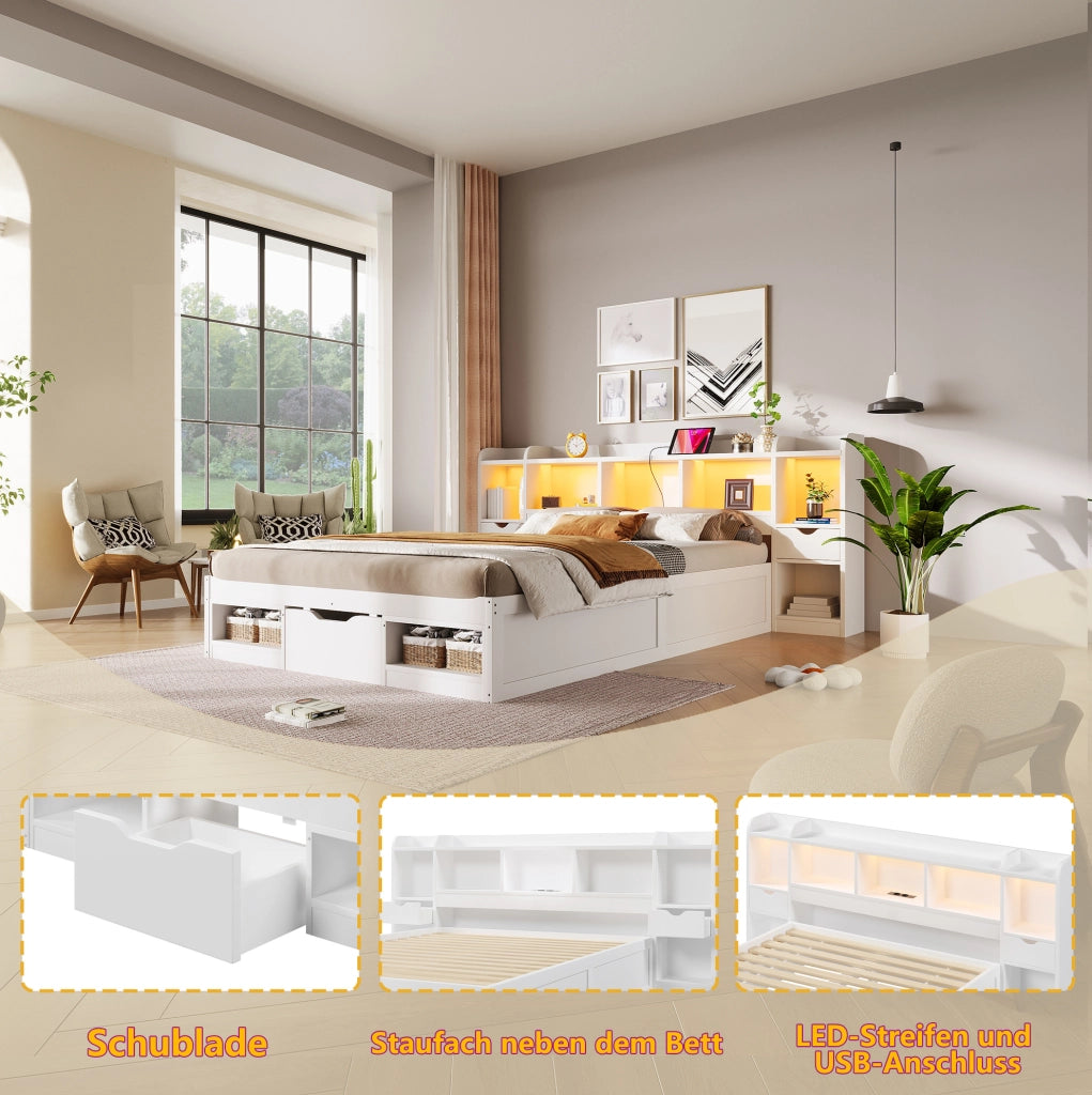 LETTO a Piattaforma 140x200 cm con Vani e Cassetti MDF Bianco