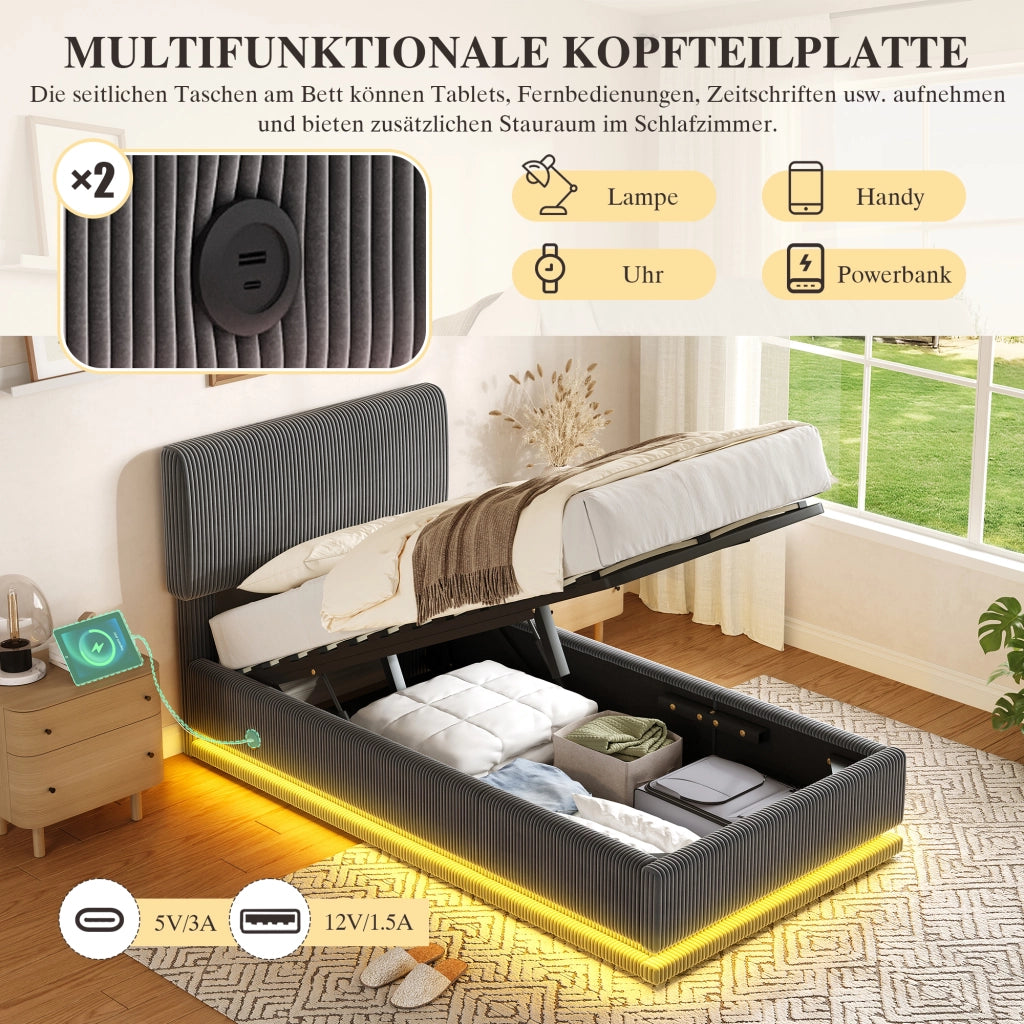 Letto singolo imbottito 90 × 200 cm con LED USB C testiera regolabile in velluto a coste grigio scuro