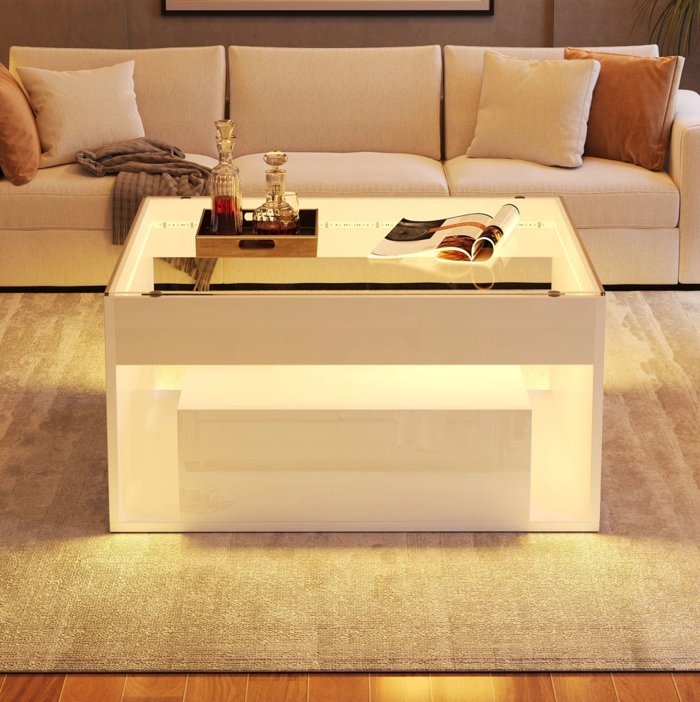 Tavolino da salotto 70x70 cm con 2 cassetti; LED e piano in vetro temperato bianco HOMVRA