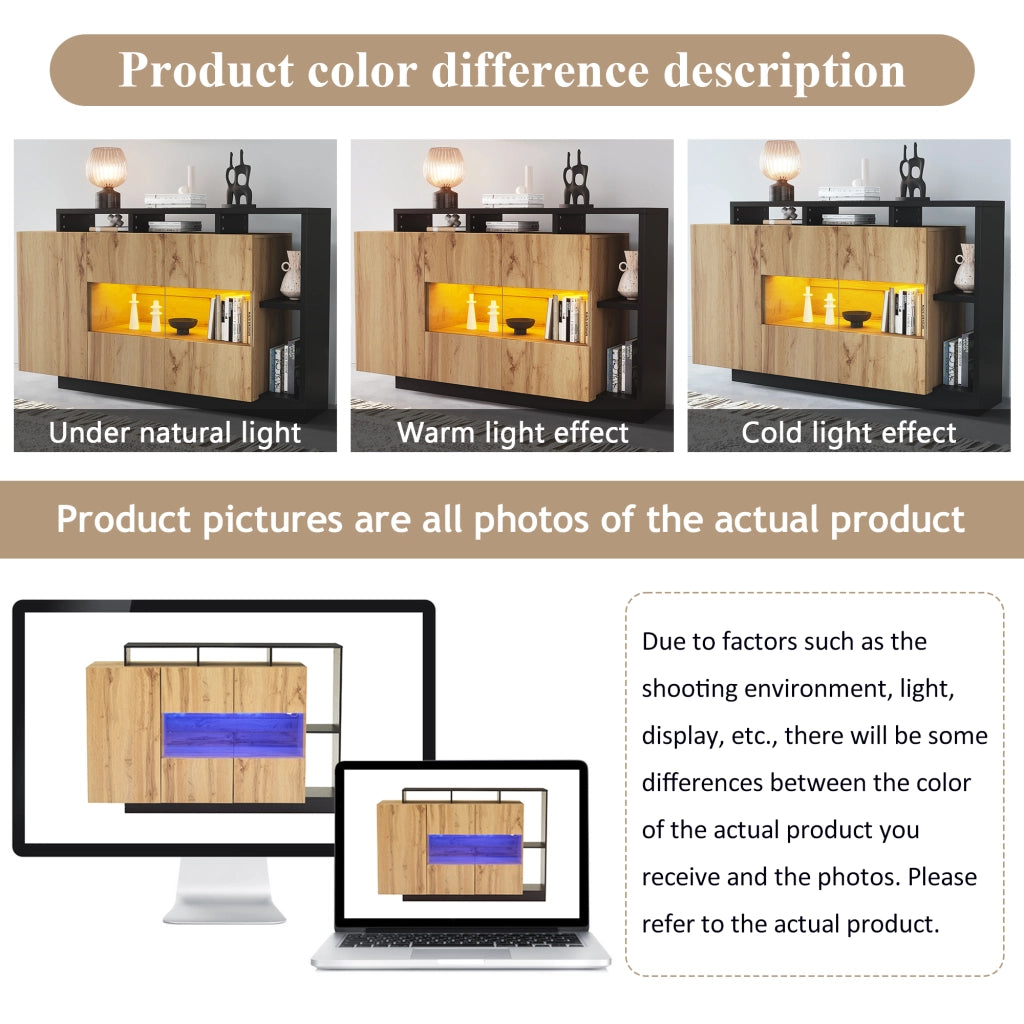 Credenza LED 140x44x94 cm in MDF effetto legno con controllo Bluetooth; ante in acrilico e vani