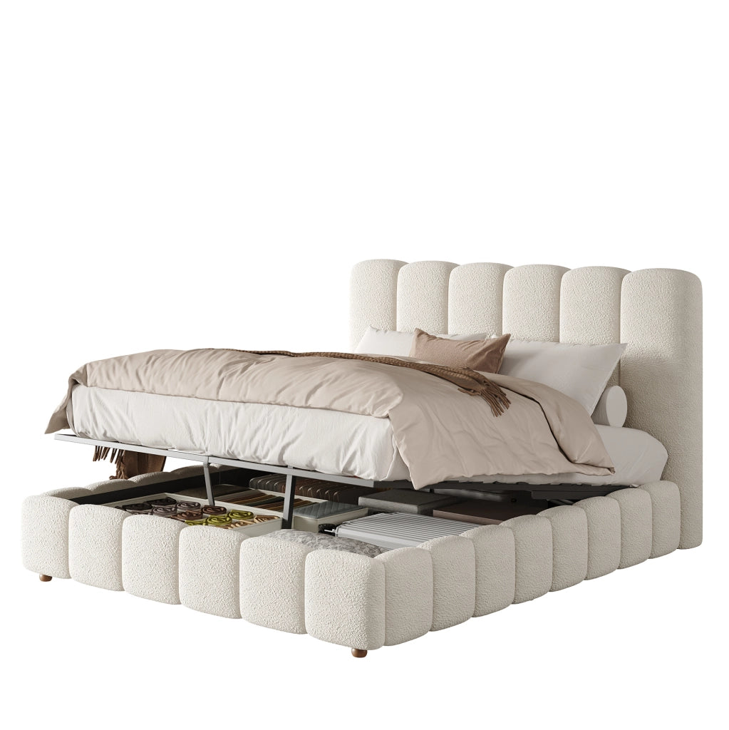 Letto matrimoniale contenitore 140x200 cm in bouclé bianco con rete a doghe HOMVRA