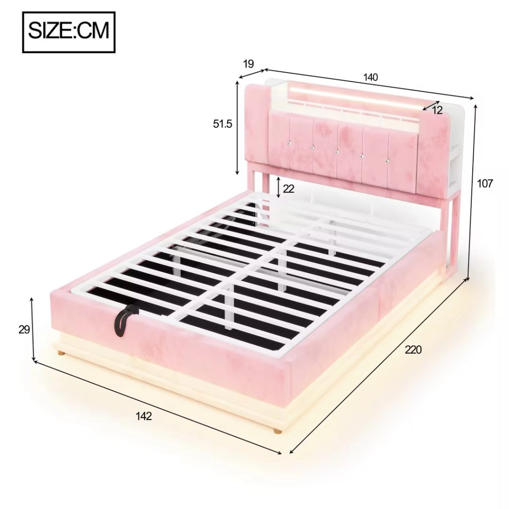 Letto imbottito 140 × 200 cm con vano idraulico LED e USB rivestito in velluto rosa struttura in metallo