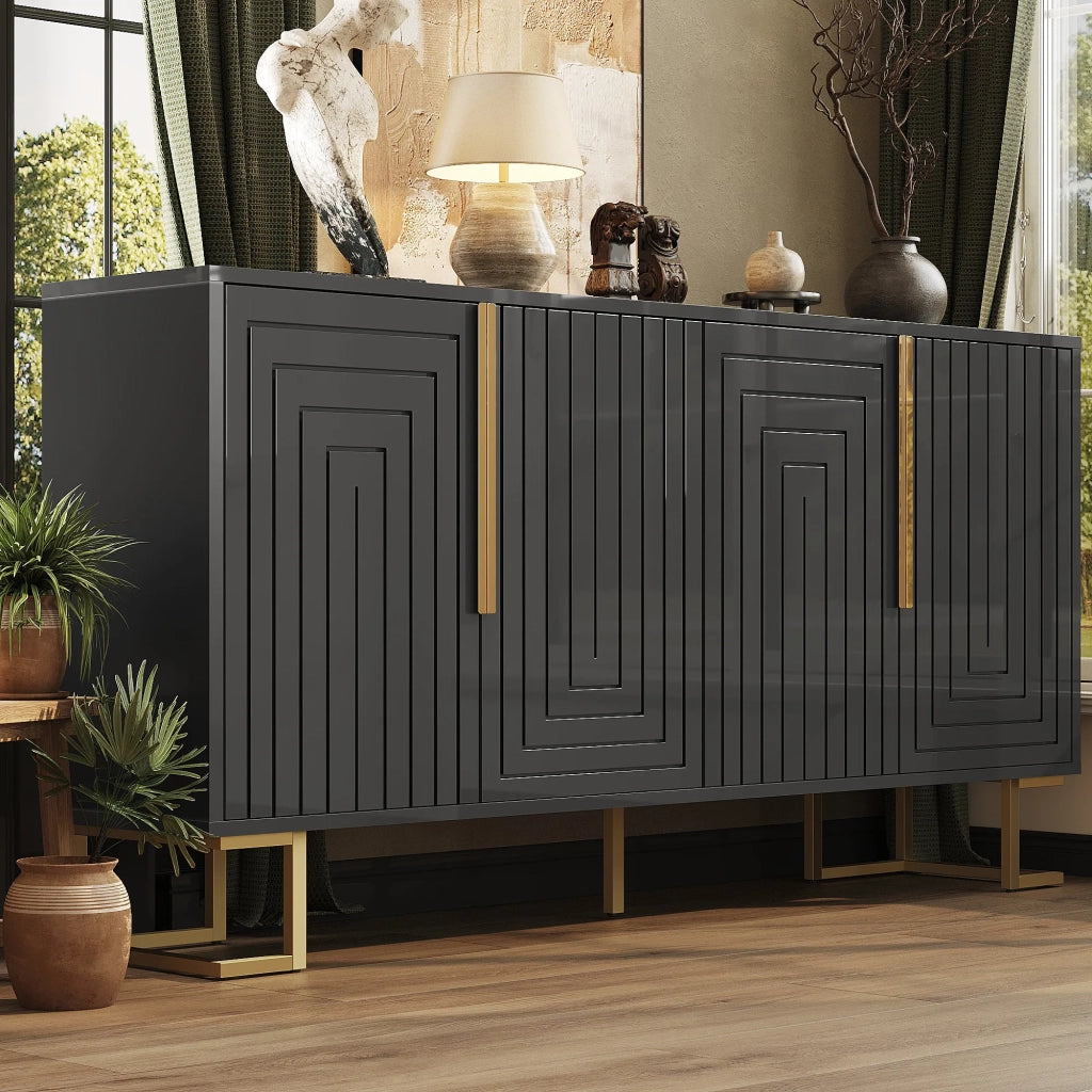 Sideboard nero 152x40x75 cm, design geometrico, maniglie e piedi dorati