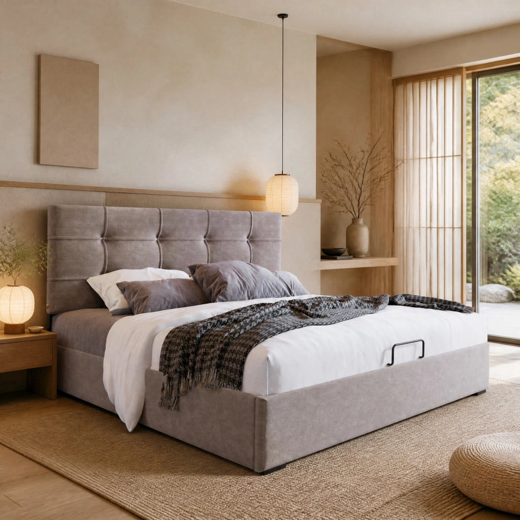 Letto matrimoniale imbottito 140 ¡Á 200 cm con contenitore testiera regolabile in velluto grigio chiaro