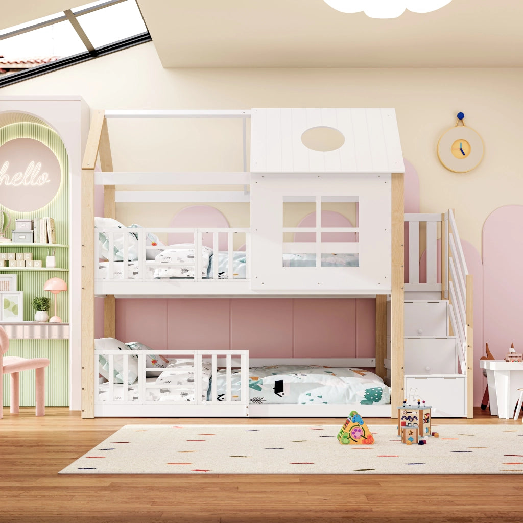 OKWISH Letto a Castello 90×200 cm, Letto Singolo con Scala Contenitore, Sponde e Design a Casetta, senza Materasso, Bianco Naturale