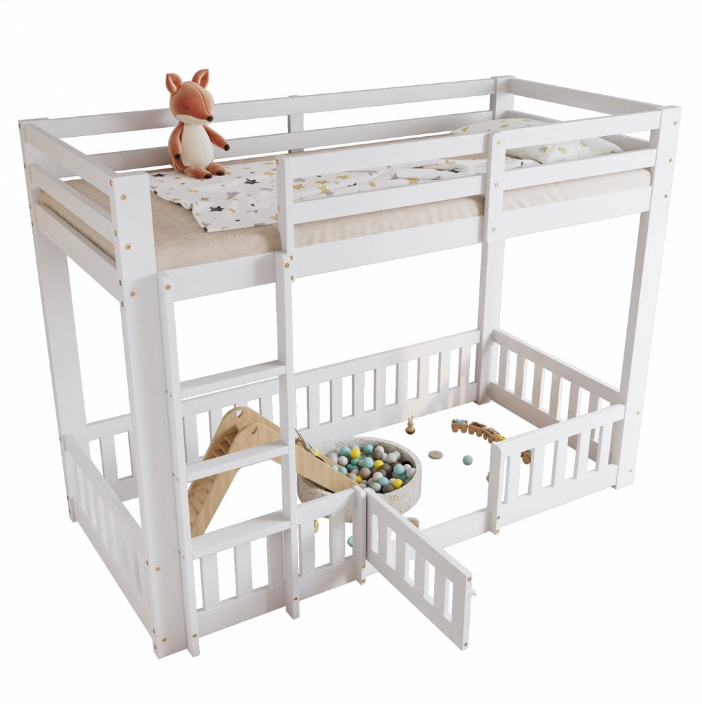 Letto a soppalco per bambini 90x200 cm in pino e compensato con scala e sponde; bianco