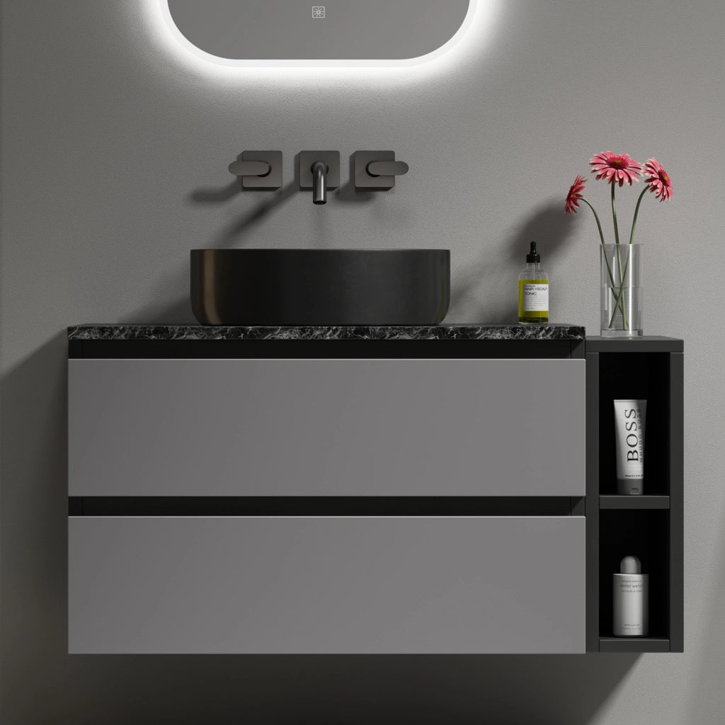 Mobiletto con lavabo rotondo in ceramica nero cassetti vano aperto piano in marmo MDF grigio 80.0 × 44.0 × 48.5 cm