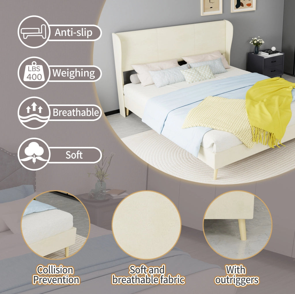 Letto imbottito moderno 160x200 cm con testiera beige e base bassa senza contenitore