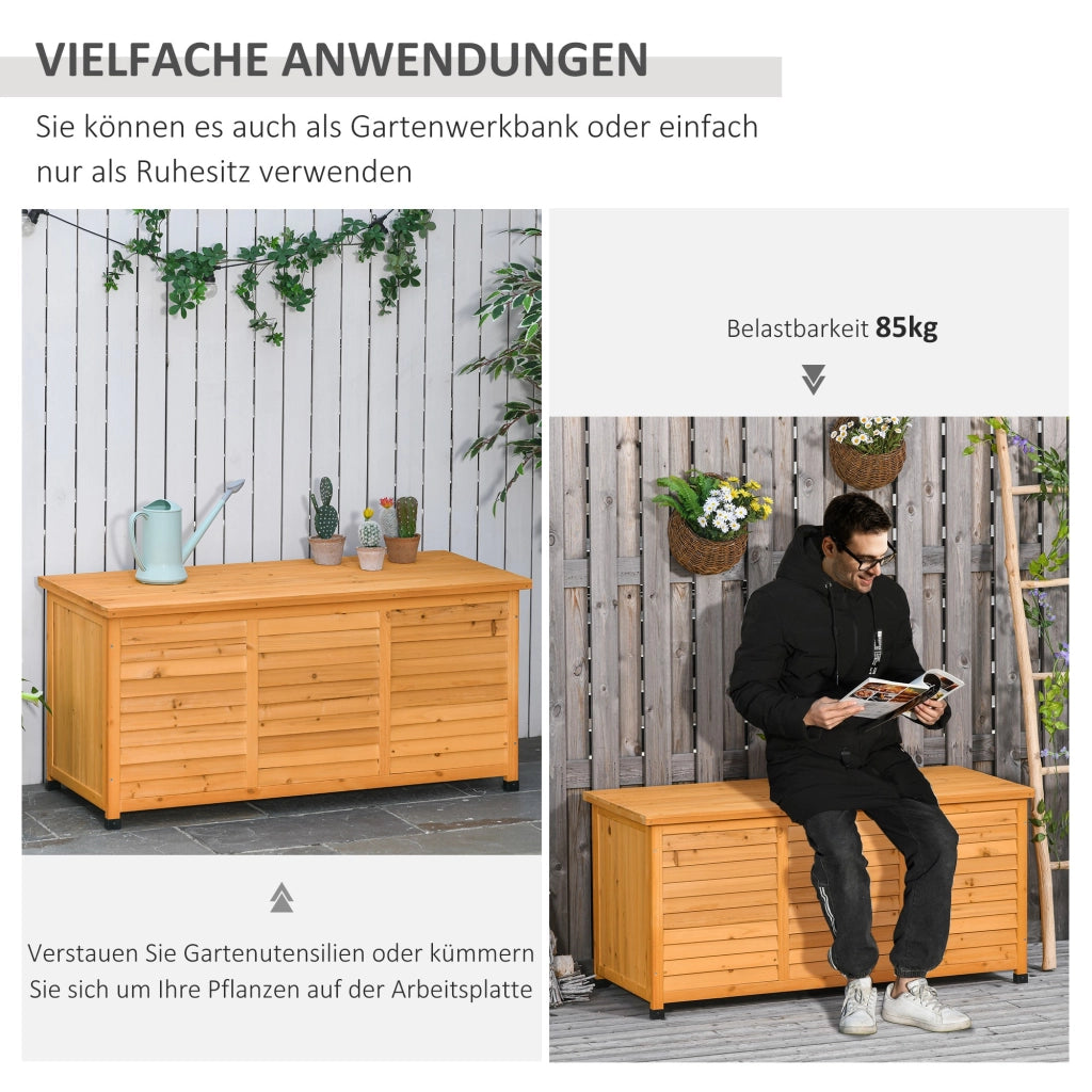 Baule da esterno in legno con coperchio apribile e rivestimento idrorepellente giallo 127 × 56 × 60 cm