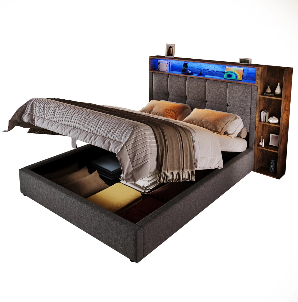 Letto imbottito 90x200 cm con contenitore idraulico, LED, USB e USB-C in lino grigio