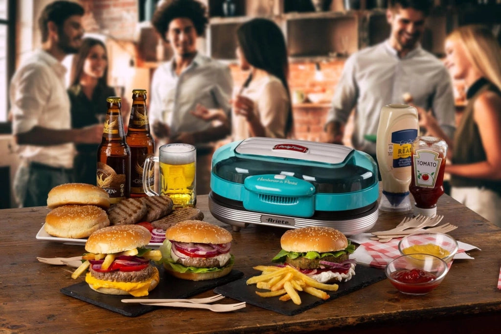 Ariete 205 Party Time Macchina per Hamburger 1200 W Doppie Piastre Antiaderenti 2 Scomparti colore Azzurro