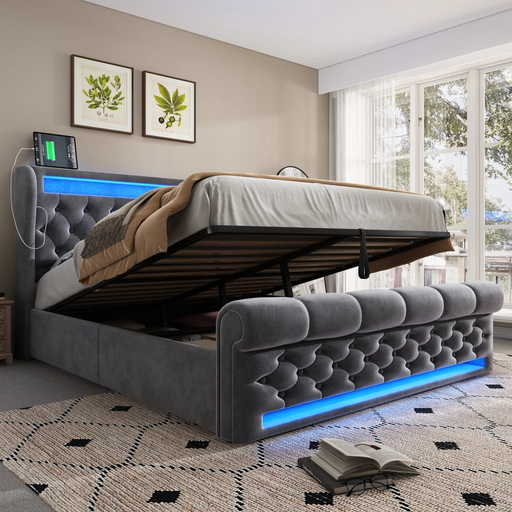 Letto con contenitore 160 × 200 cm idraulico con LED; USB e Type-C; testiera contenitore in velluto grigio