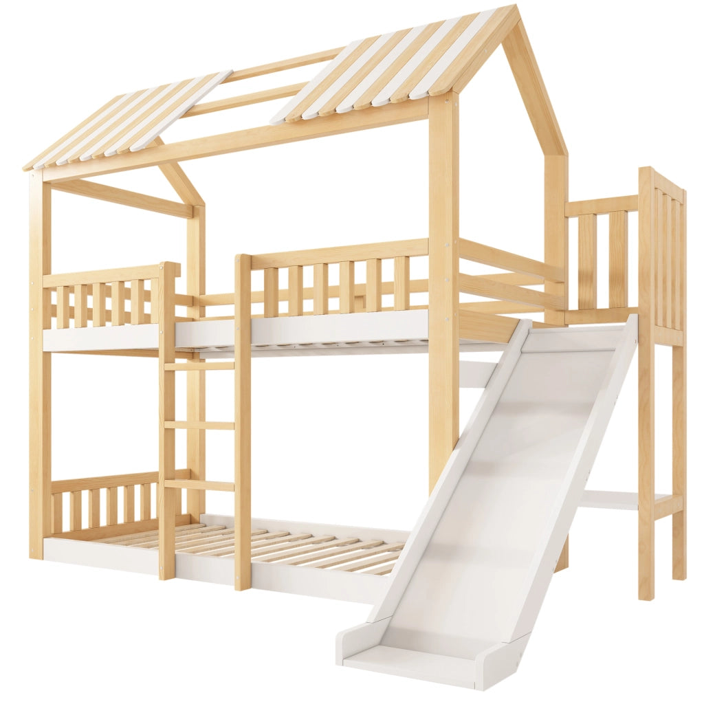Letto a Castello per Bambini 90x200 cm in Legno con Tetto a Spiovente, Scivolo da 35 cm e Scaffale, Bianco e Naturale