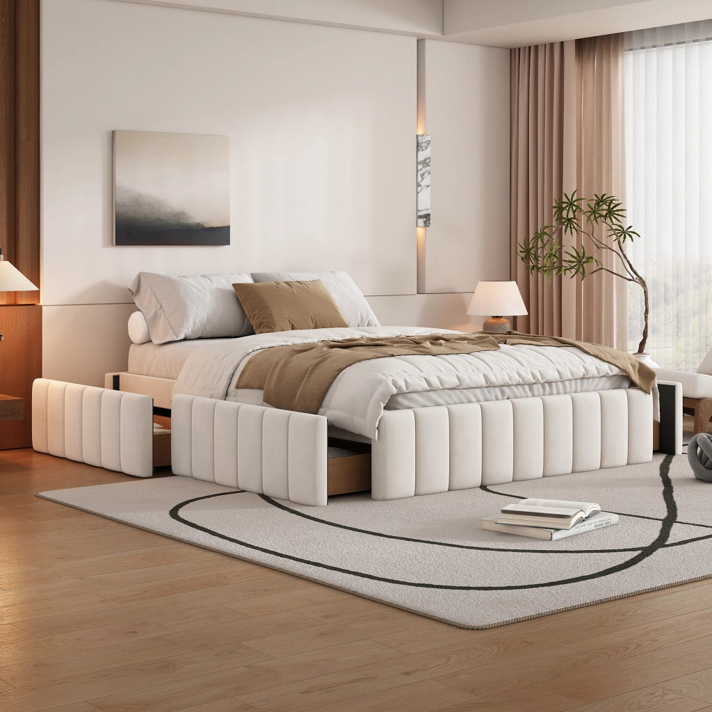 Letto con cassetti 140 × 200 cm con rete a doghe senza testiera in velluto e MDF beige