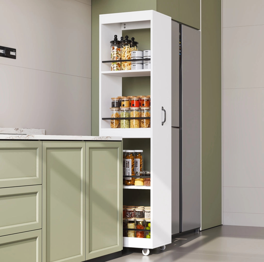 Libreria stretta su ruote 40x30x160;5 cm con barre di protezione in MDF bianca